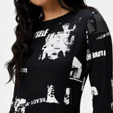 Vestidos Casuais Femininos: Vestido Feminino Elegante Estampado com Gola Redonda e Manga Longa para Primavera/Outono com Fenda