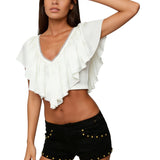 Blusas Cropped com Babados para Mulheres, Elegantes, em Cores Sólidas, com Detalhes em Renda e Decote em V com Amarração nas Costas