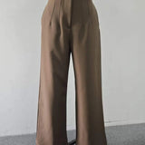 Calças Femininas de Cintura Alta com Pernas Largas, Elegantes e Sob Medida, Calças Retas para Trabalho no Escritório, Calças Casuais Confortáveis