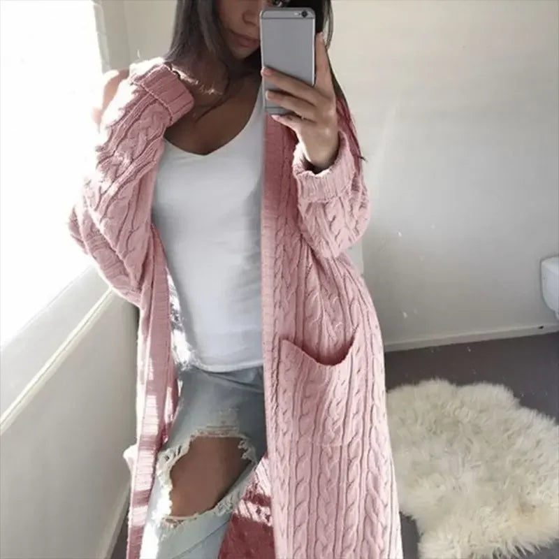 Cardigans Longos Femininos de Algodão para Outono 2026, Suéter Tricotado Grosso para Primavera e Inverno, com Bolso, Cores Amarelo, Rosa e Cinza, Moda Feminina