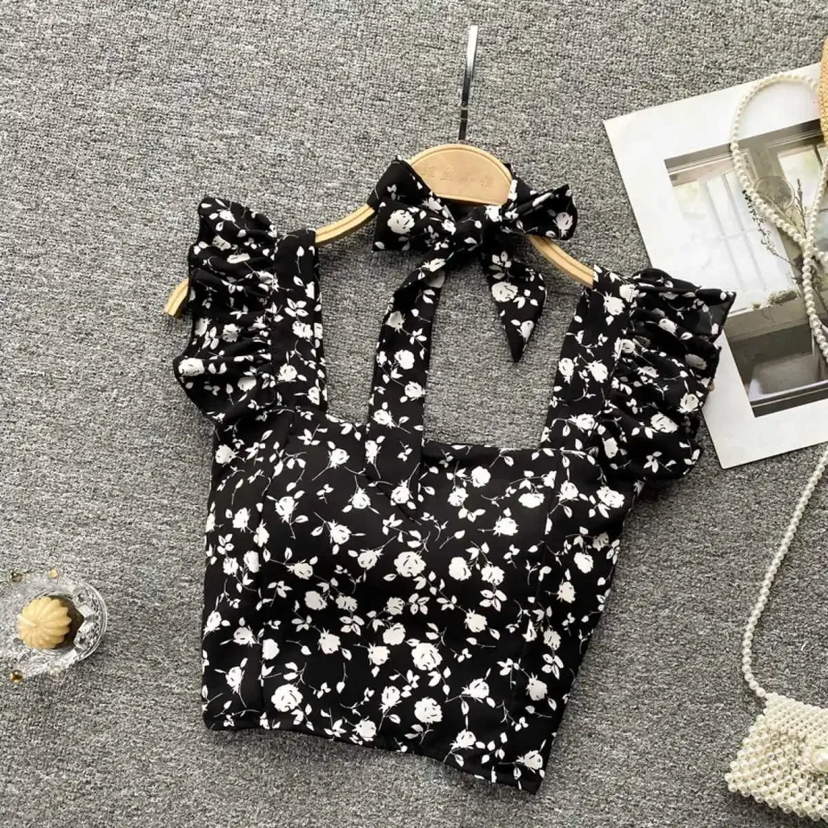 Top curto com babados para as mulheres, sexy, elegante, simples, streetwear, vintage, férias de verão, casual, jovem, estética, todos os jogos, ulzzang, novo