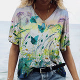 Camiseta feminina de grandes dimensões verão moda desenhada impressa casual manga curta pulôver confortável plus size camiseta roupa da moda