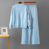 Design coreano de malha 2 peças conjuntos feminino o pescoço único breasted camisola cardigan topos conjuntos cintura alta calças retas outfit