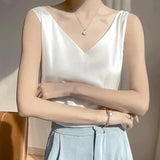 Regatas para mulheres sem mangas com decote em v cetim seda camisola moda verão sólido solto colete senhoras topos streetwear