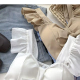 Top curto com babados para as mulheres, sexy, elegante, simples, streetwear, vintage, férias de verão, casual, jovem, estética, todos os jogos, ulzzang, novo