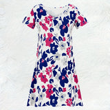 Vestido Casual A-Line com Estampa Floral para Mulheres, Decote em V, Manga Curta, Vestido de Verão, Padrão de Flores Azul, Vermelho e Branco, Vestido Midi 2024
