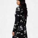 Vestidos Casuais Femininos: Vestido Feminino Elegante Estampado com Gola Redonda e Manga Longa para Primavera/Outono com Fenda