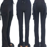Calça de carga longa feminina, sexy slim fit, cordão casual, bolso com botões de emenda, calça reta, renda para cima, cintura elástica alta