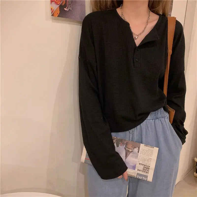 Camisetas femininas de manga comprida, tops de algodão minimalistas, ajuste relaxado, tecido elástico de grandes dimensões, confortável, macio, diário, outono retrô