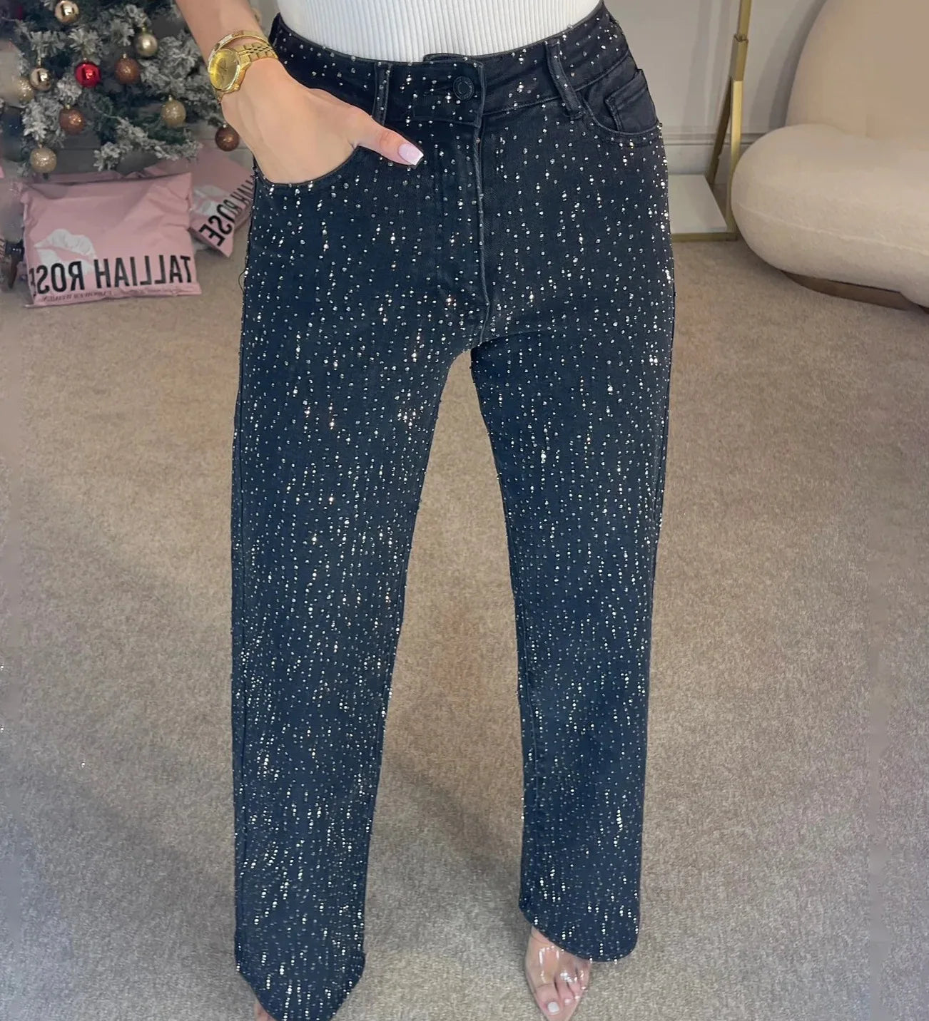 Calças de brim retas para mulheres calças de diamantes estiramento cintura alta lavado bolsos angustiados vintage denims streetwear calças femininas