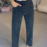 Calças de brim retas para mulheres calças de diamantes estiramento cintura alta lavado bolsos angustiados vintage denims streetwear calças femininas