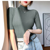 Camiseta básica feminina gola alta magro camiseta de manga curta camisetas femininas casual elasticidade branca camiseta femme mulher topo