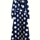 Elegante vestido longo com nó arco para mulheres, veste feminina, bolinhas para senhora, vestidos maxi casuais, manga