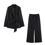 Conjuntos de blazer e calça comprida femininos ou blazer chique com cadarço para primavera ou calça casual de perna larga para mulheres.