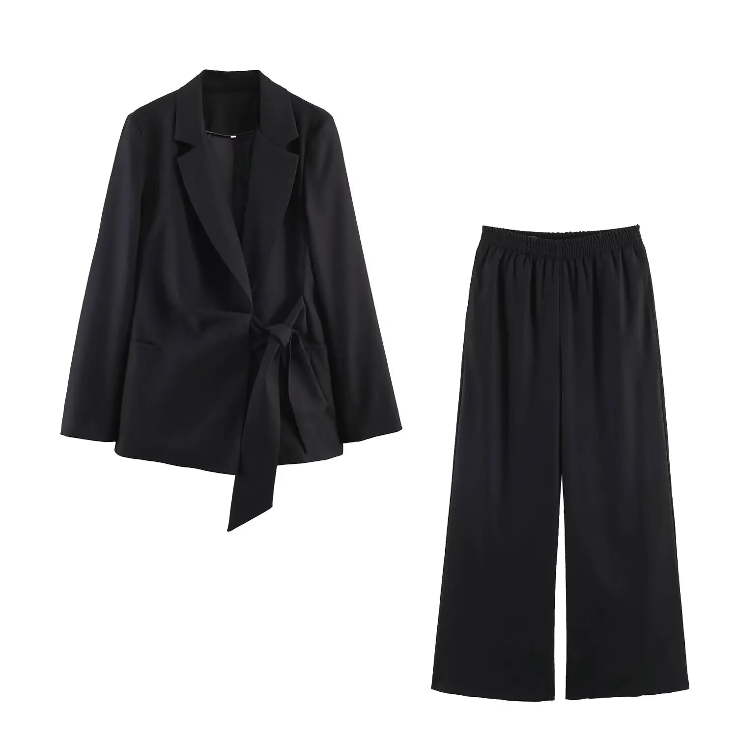 Conjuntos de blazer e calça comprida femininos ou blazer chique com cadarço para primavera ou calça casual de perna larga para mulheres.
