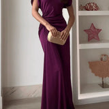 Casual o-pescoço drapeado vestidos vestido elegante altura cintura magro ajuste vestido de noite vestidos moda feminina temperamento sólido vestido longo