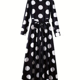 Elegante vestido longo com nó arco para mulheres, veste feminina, bolinhas para senhora, vestidos maxi casuais, manga
