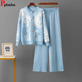 Design coreano de malha 2 peças conjuntos feminino o pescoço único breasted camisola cardigan topos conjuntos cintura alta calças retas outfit