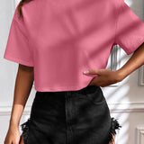 Camiseta Cropped Feminina de Malha Canelada Oversized com Ombro Caído e Manga Curta, Cor Sólida, Casual, Streetwear, para Festas de Verão e Uso Diário