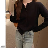 Cardigans e Suéteres Femininos 2026: Moda Coreana Casual, Quente, Primavera/Verão, Gola O, Manga Longa, Abotoamento Simples, Ajuste Slim, Tricôs e Blusas