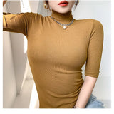 Camiseta básica feminina gola alta magro camiseta de manga curta camisetas femininas casual elasticidade branca camiseta femme mulher topo