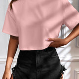 Camiseta Cropped Feminina de Malha Canelada Oversized com Ombro Caído e Manga Curta, Cor Sólida, Casual, Streetwear, para Festas de Verão e Uso Diário