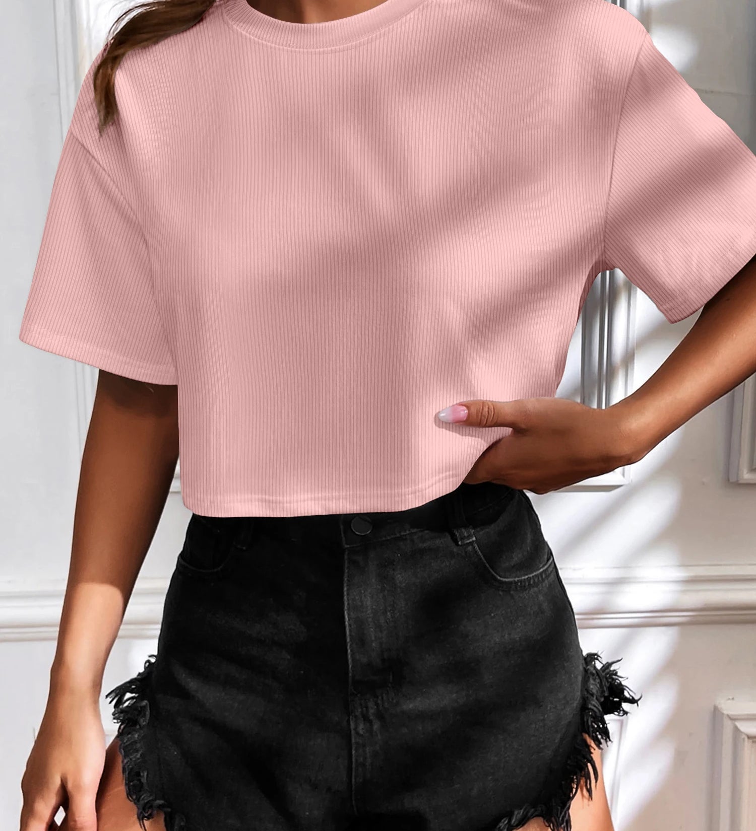 Camiseta Cropped Feminina de Malha Canelada Oversized com Ombro Caído e Manga Curta, Cor Sólida, Casual, Streetwear, para Festas de Verão e Uso Diário