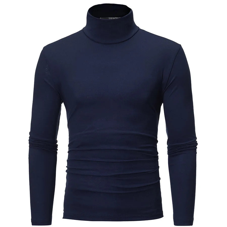 Camiseta básica de gola alta masculina, slim fit, gola alta, tops finos, moda casual, primavera, outono, primavera