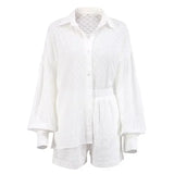Casual solto feminino curto conjunto de duas peças terno moda blusa manga longa camisa senhora estilo simples shorts streetwear blusa topos