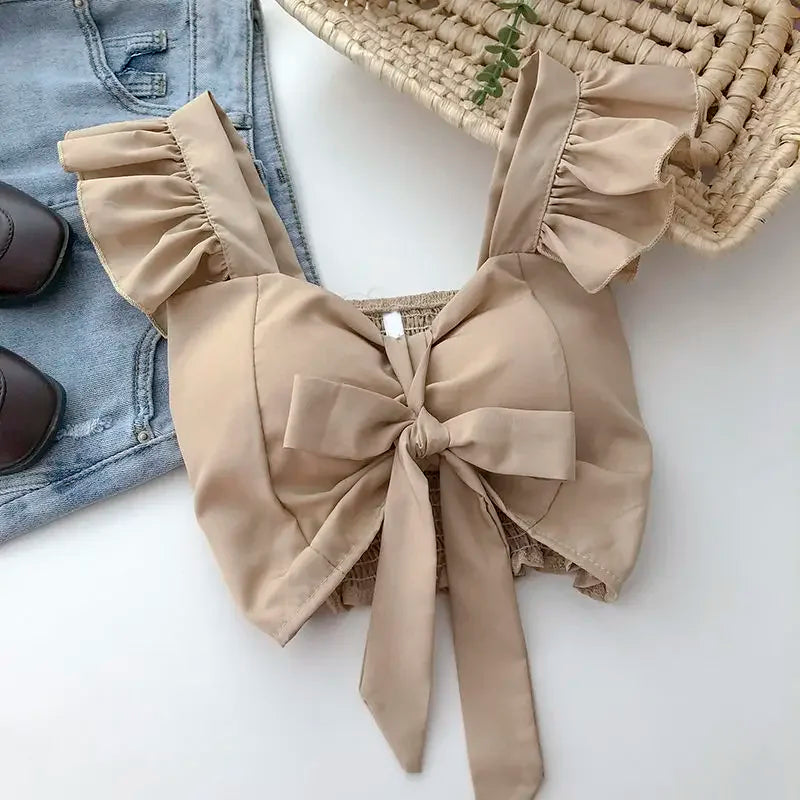 Top curto com babados para as mulheres, sexy, elegante, simples, streetwear, vintage, férias de verão, casual, jovem, estética, todos os jogos, ulzzang, novo