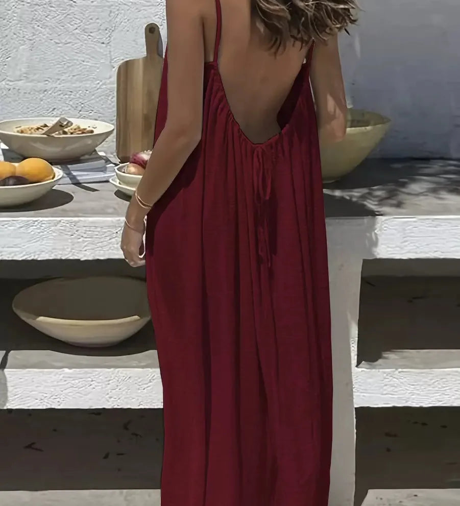 Vestido Casual Maxi 2026 Feminino Vestidos Estilo Simples Roupa de Casa Confortável Solto Cor Sólida Alça Costas Descobertas