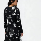 Vestidos Casuais Femininos: Vestido Feminino Elegante Estampado com Gola Redonda e Manga Longa para Primavera/Outono com Fenda