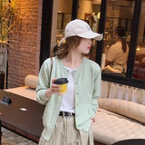 Cardigans e Suéteres Femininos 2026: Moda Coreana Casual, Quente, Primavera/Verão, Gola O, Manga Longa, Abotoamento Simples, Ajuste Slim, Tricôs e Blusas