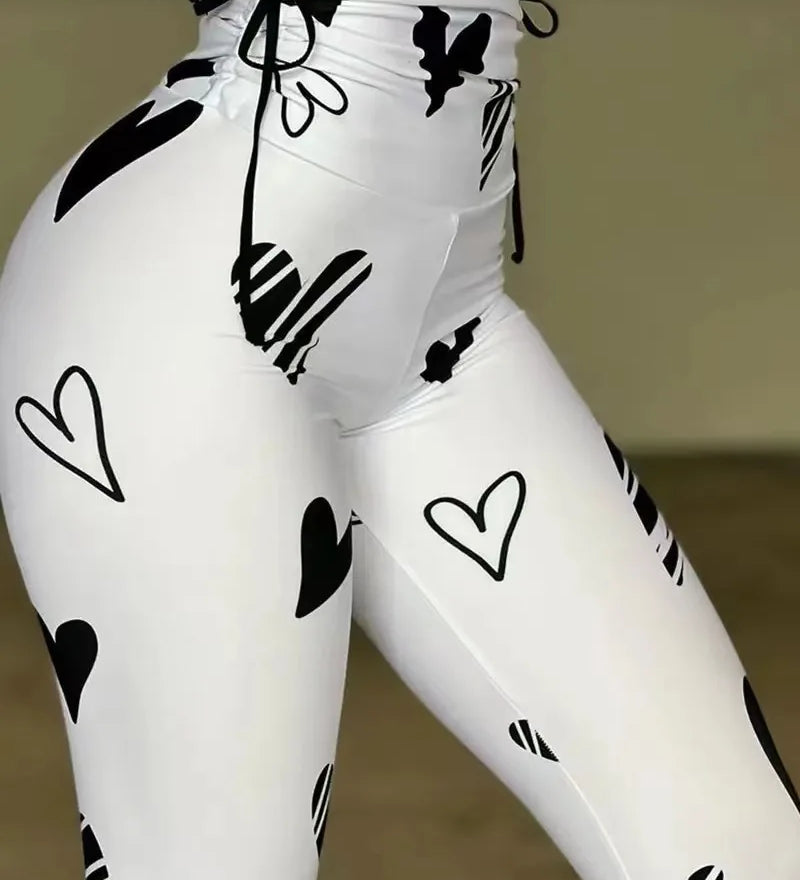 Leggings femininas calças compridas bodycon fino ajuste impressão calça cintura alta cordão jogger yoga elegante splice y2k streetwear