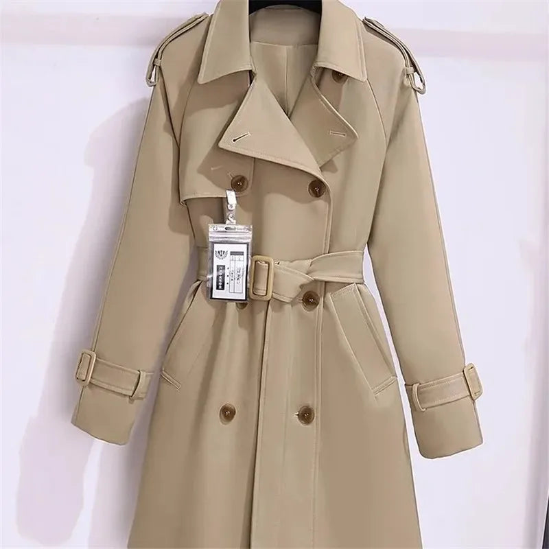 Sobretudo Feminino com Gola de Terno, Novo 2026, Primavera Outono, Jaqueta Longa Feminina, Cintura Ajustada, Estilo Elegante, Corta-vento Popular