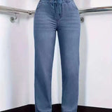 Calças Jeans Femininas de Corte Reto com Cintura Elástica e Cordão, Confortáveis e Casuais em Denim Stretch