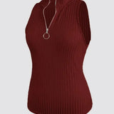 Regata feminina sexy com nervuras – ajuste fino elástico de alta elasticidade, gola alta e alças largas com zíper frontal, semitransparente bl