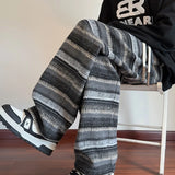 Calças de perna larga das mulheres dos homens outono inverno moda casual calças retas soltas esfregar calças harajuku vintage listrado preto/café