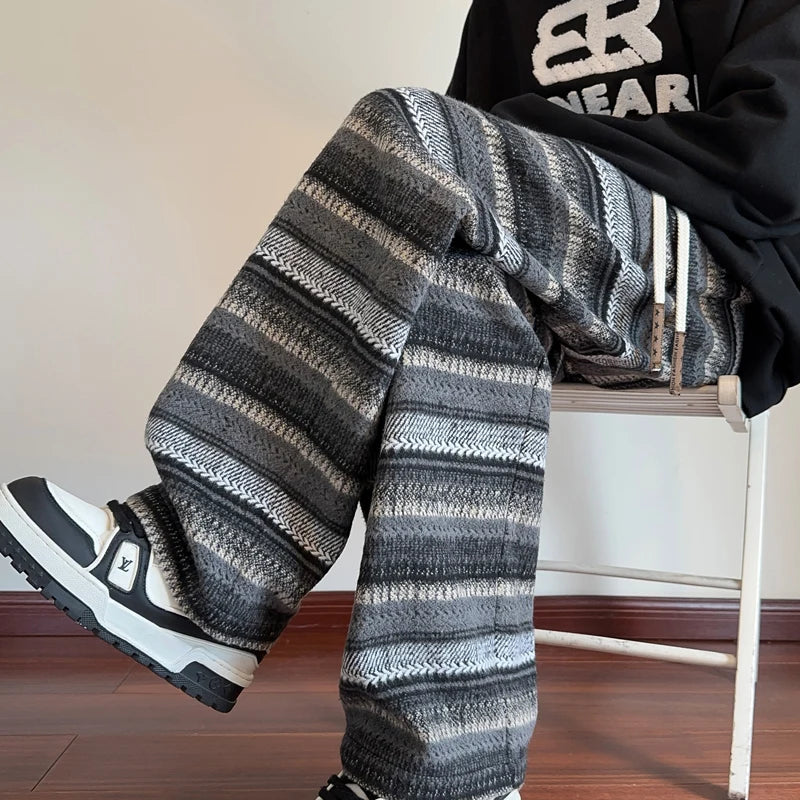 Calças de perna larga das mulheres dos homens outono inverno moda casual calças retas soltas esfregar calças harajuku vintage listrado preto/café