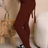 Calça de carga longa feminina, sexy slim fit, cordão casual, bolso com botões de emenda, calça reta, renda para cima, cintura elástica alta