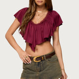 Blusas Cropped com Babados para Mulheres, Elegantes, em Cores Sólidas, com Detalhes em Renda e Decote em V com Amarração nas Costas