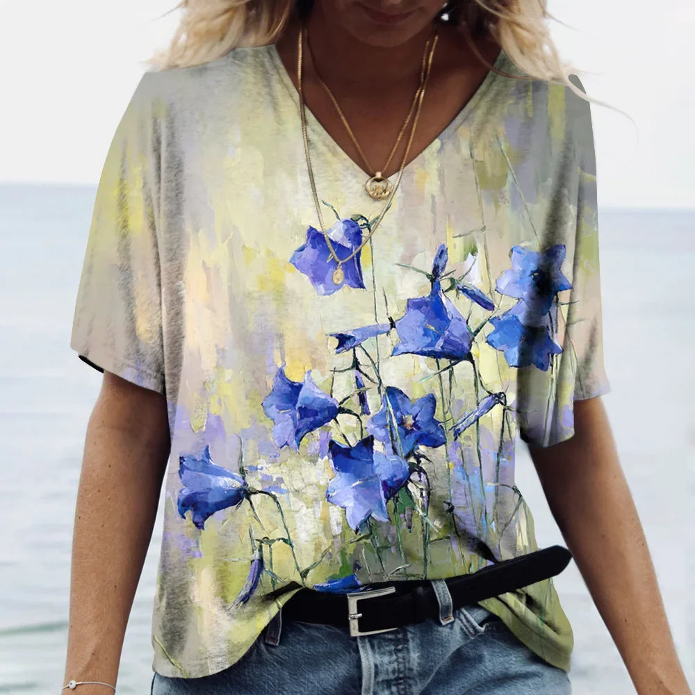 Camiseta feminina de grandes dimensões verão moda desenhada impressa casual manga curta pulôver confortável plus size camiseta roupa da moda