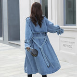 Trench denim casaco feminino casacos longos rendas até cinto de cintura alta turn down collar maxi jaquetas y2k único breasted elegante outono