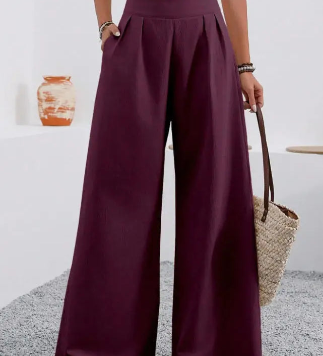 Calças femininas de cintura alta com pregas e bolsos, calças compridas casuais para o outono