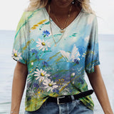 Camiseta feminina de grandes dimensões verão moda desenhada impressa casual manga curta pulôver confortável plus size camiseta roupa da moda