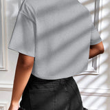 Camiseta Cropped Feminina de Malha Canelada Oversized com Ombro Caído e Manga Curta, Cor Sólida, Casual, Streetwear, para Festas de Verão e Uso Diário