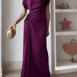 Casual o-pescoço drapeado vestidos vestido elegante altura cintura magro ajuste vestido de noite vestidos moda feminina temperamento sólido vestido longo