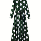 Elegante vestido longo com nó arco para mulheres, veste feminina, bolinhas para senhora, vestidos maxi casuais, manga
