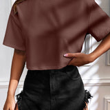Camiseta Cropped Feminina de Malha Canelada Oversized com Ombro Caído e Manga Curta, Cor Sólida, Casual, Streetwear, para Festas de Verão e Uso Diário