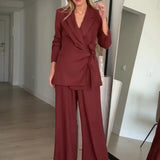 Conjuntos de blazer e calça comprida femininos ou blazer chique com cadarço para primavera ou calça casual de perna larga para mulheres.